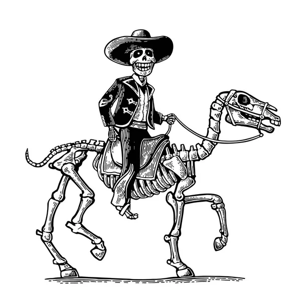 Всадник в мексиканских мужских национальных костюмах скачет на скелетной лошади . — стоковый вектор