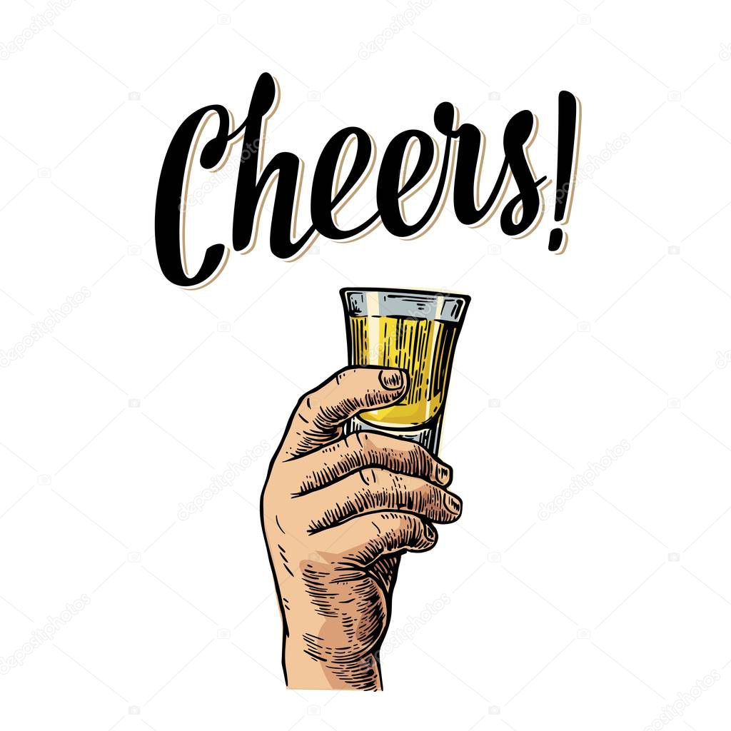 男手拿着一杯龙舌兰酒。干杯干杯刻字. — 图库矢量图像© DenisPotysiev 129234718