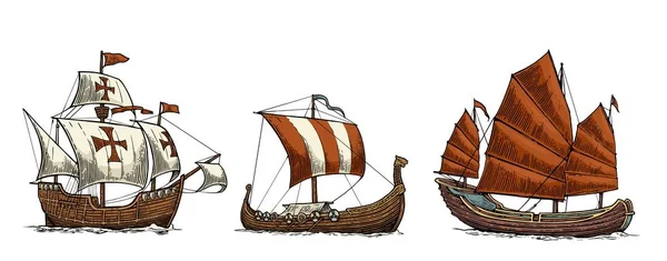 Caravel, drakkar, junk. Set sailing ships floating sea waves. — Stock Vector