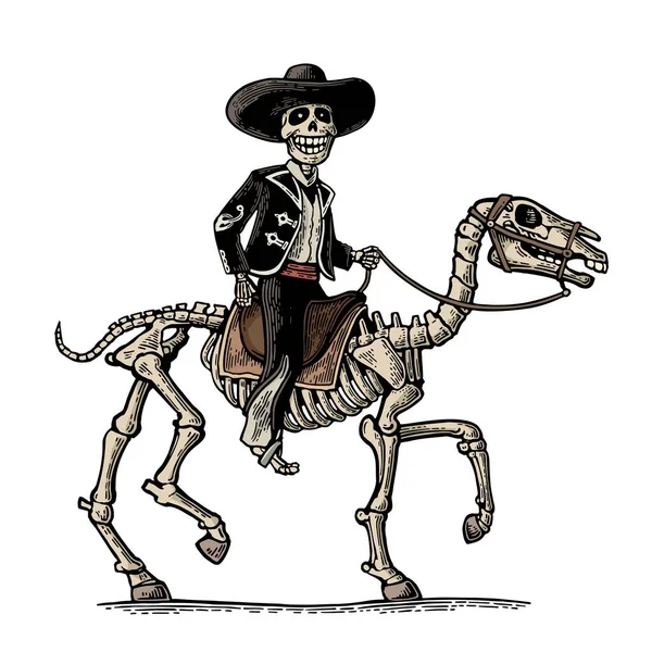 Der Reiter im mexikanischen Nationalkostüm galoppiert auf einem Skelettpferd. — Stockvektor