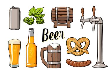 Beer set with tap, class, can, bottle, barrel, sausage, pretzel and hop. clipart