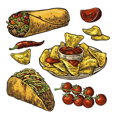 Meksika geleneksel yemek seti mesaj, burrito, taco, chili, domates, nachos.