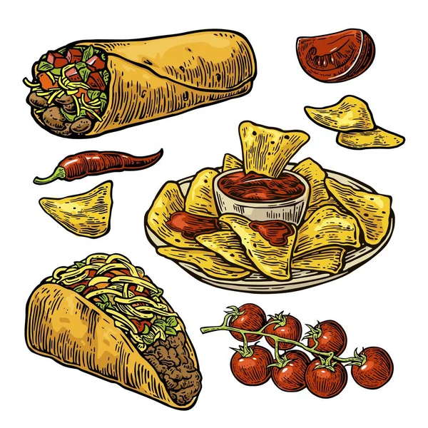 Мексиканские традиционные блюда с текстовыми сообщениями, буррито, тако, чили, помидоры, начос. — стоковый вектор