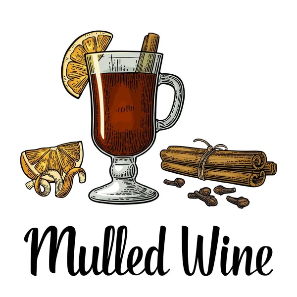 Mulled wine with glass and ingredients. — Stock Vector