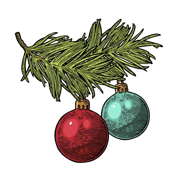Δύο μπάλες παιχνίδι στο υποκατάστημα fir tree για καλά Χριστούγεννα — Διανυσματικό Αρχείο