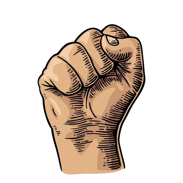 Человеческая рука с сжатым кулаком. Векторная черная винтажная гравировка на белом фоне. Знак для Интернета, плакат, инфо-графика — стоковый вектор
