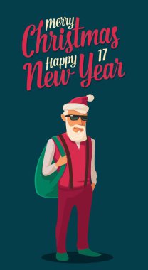 Noel Baba bir trendy hipster tarzda giyinmiş. Düz vektör çizim.