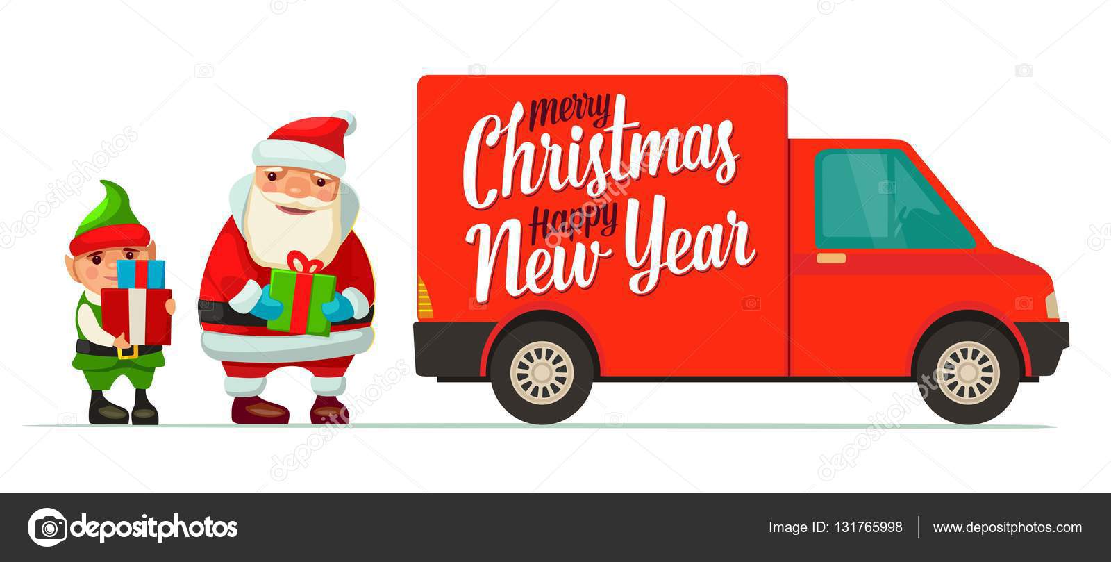 Furgone di consegna di Babbo Natale elfo e rosso con ombra e scatole Merci del prodotto spedizione trasporto per anno nuovo e buon Natale