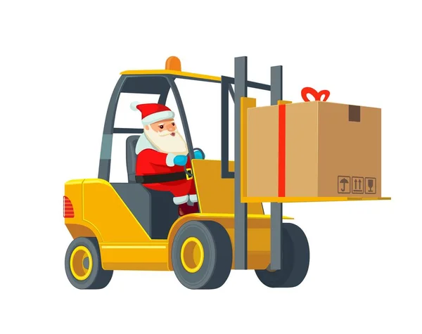 Forklift carries a box. Wide flat vector illustration — Stock Vector