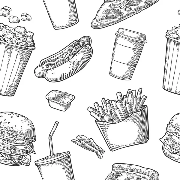 无缝模式汉堡包括肉饼、 黄瓜、 番茄沙拉. — 图库矢量图片