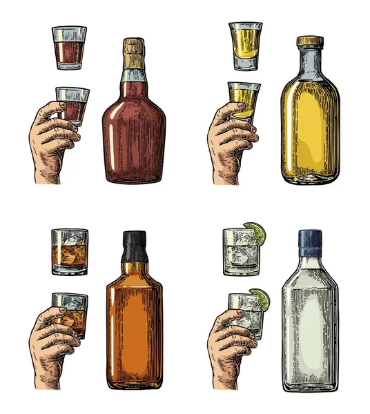 Set alcohol drinks with bottle, glass and hand holding gin, whiskey, tequila. — Stock Vector