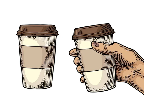 Kvinnlig hand hållande en disponibel kopp kaffe med kartong hållare och cap. — Stock vektor
