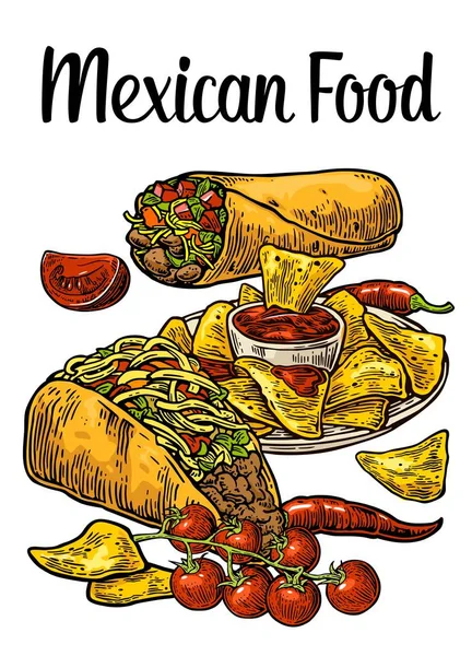 Poster messicano cibo tradizionale. Burrito, tacos, peperoncino, pomodoro, nachos — Vettoriale Stock