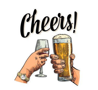 Hands holding and clinking two glasses with beer and wine. clipart
