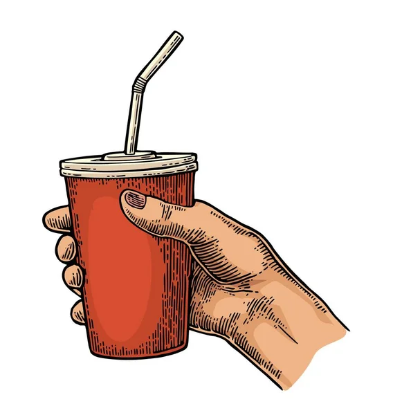 Female hand holding paper red cup cola with straws, cap. — Stock Vector