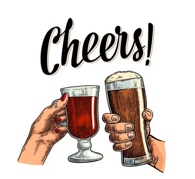 Female and male hands holding and clinking with two glasses beer and mulled wine. clipart