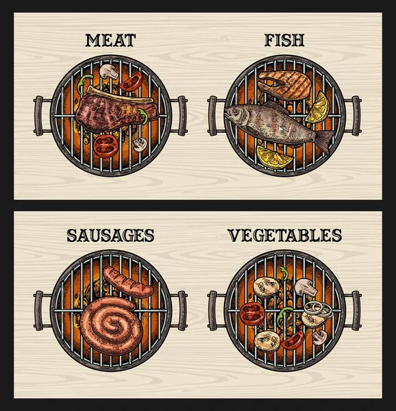 Barbecue grill top view charcoal, vegetables, sausage, fish, beef steak. — Stock Vector