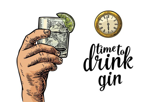 Male hand holding glass gin and antique pocket watch.