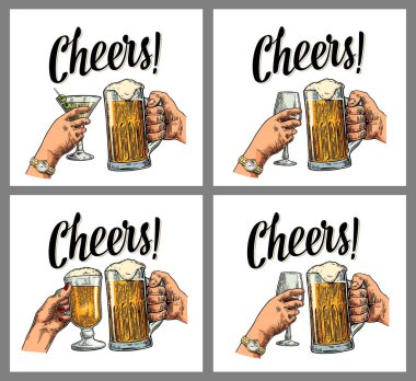 Female and male hands holding and clinking two glasses with beer, wine or cocktail. clipart