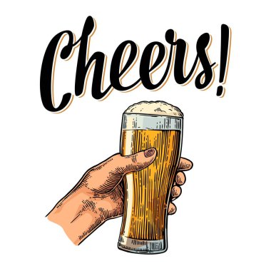 Female hand holding a full beer glass with foam clipart