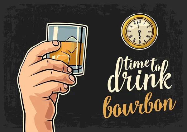 Mano masculina celebración de vidrio bourbon y reloj de bolsillo antiguo — Vector de stock