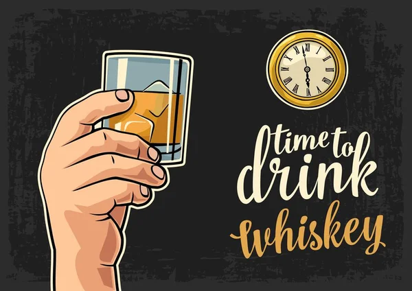 Mannelijke hand met glas whiskey en antiek zakhorloge — Stockvector