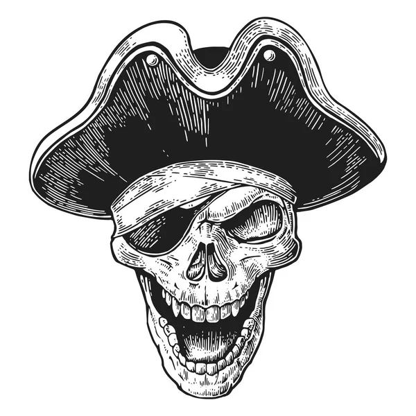 Calavera en ropa pirata parche para los ojos y sombrero sonriendo. Negro vintage grabado vector — Vector de stock