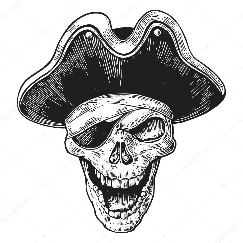 Skull in pirate clothes eye patch and hat smiling. Black vintage engraving vector