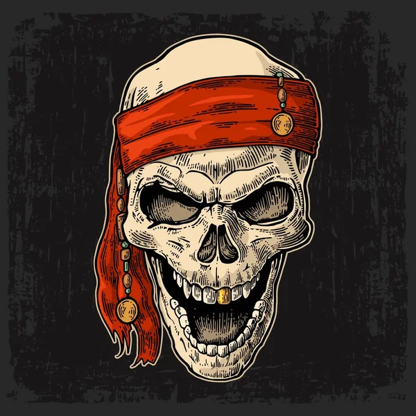 Pirata del cráneo en bandana sonriendo. Negro vintage grabado vector — Archivo Imágenes Vectoriales