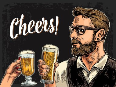 Hipster holding glass of beer and clinking. clipart