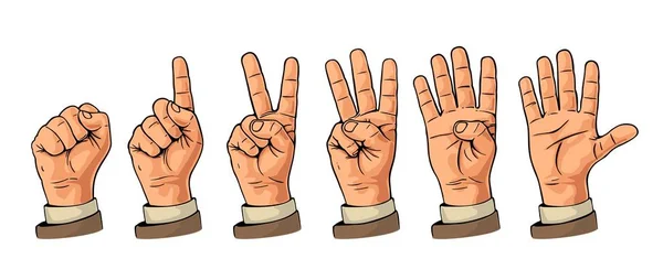 Набор жестов рук, считая от нуля до пяти. Мужской знак руки. — стоковый вектор