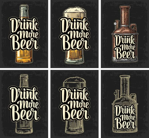 Flaska, glas och rad med tank från bryggeri fabrik. — Stock vektor
