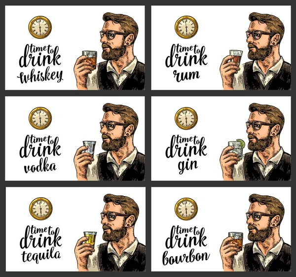Hipster tenant un verre boissons alcoolisées et montre de poche antique . — Image vectorielle