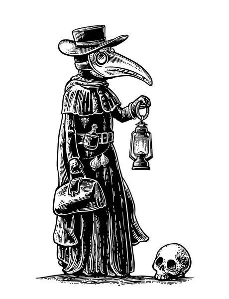 Plague, doctor with bird mask,suitcase, lantern, garlic and hat. Engraving