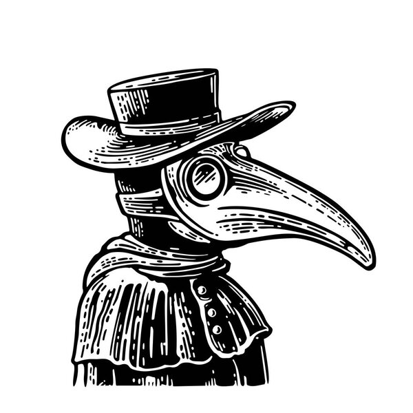 Plague doctor with bird mask and hat. Vector vintage engraving