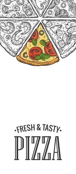 Poster met slice pizza Pepperoni, Hawaiian, Margherita, Mexicaanse, zeevruchten, Capricciosa. — Stockvector