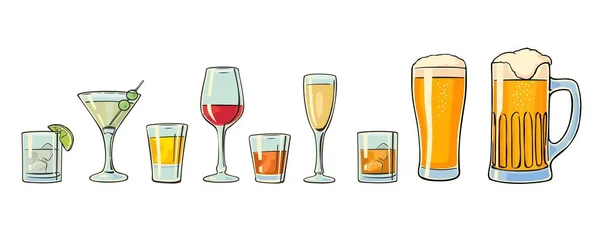 Σετ γυάλινη μπύρα, ουίσκι, κρασί, τζιν, ρούμι, τεκίλα, κονιάκ, σαμπάνια, κοκτέιλ. — Διανυσματικό Αρχείο