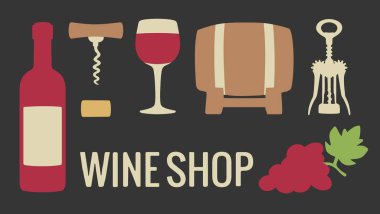 Set şarap simgesi. Şişe, bardak şarap, üzüm demet. Vektör düz çizim. Web için logo, bilgi grafik. Beyaz arka plan üzerinde izole.