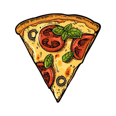 Dilim pizza margherita. Vintage vektör resmi posteri, menü, kutusu için oyma.