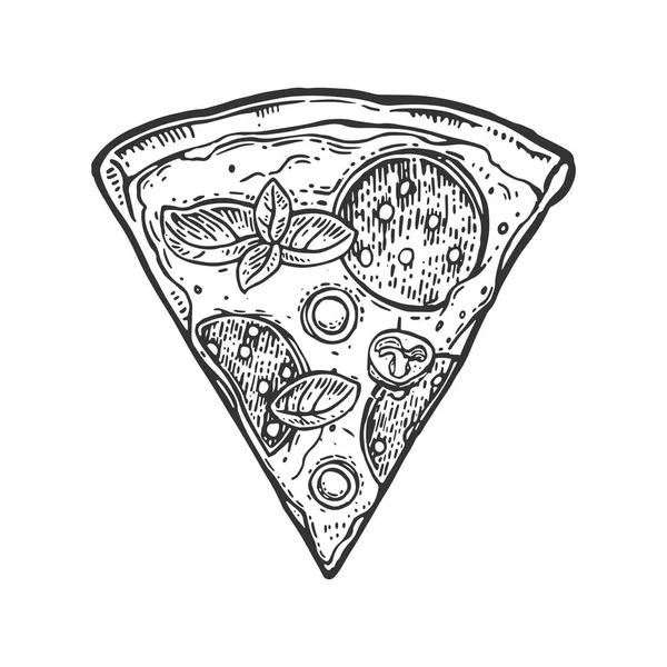 Krajíc pepperoni pizza. Vintage vektor gravírování ilustrace na plakátu, menu, box. — Stockový vektor