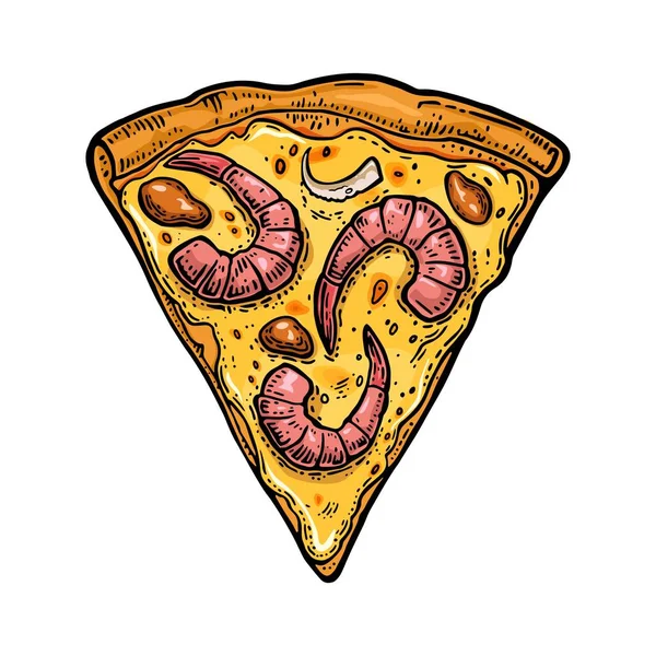 Cortar pizza mariscos. Ilustración de grabado vectorial vintage para menú, caja . — Vector de stock