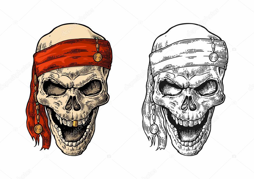 Skull pirate in bandana smiling. Black vintage engraving vector