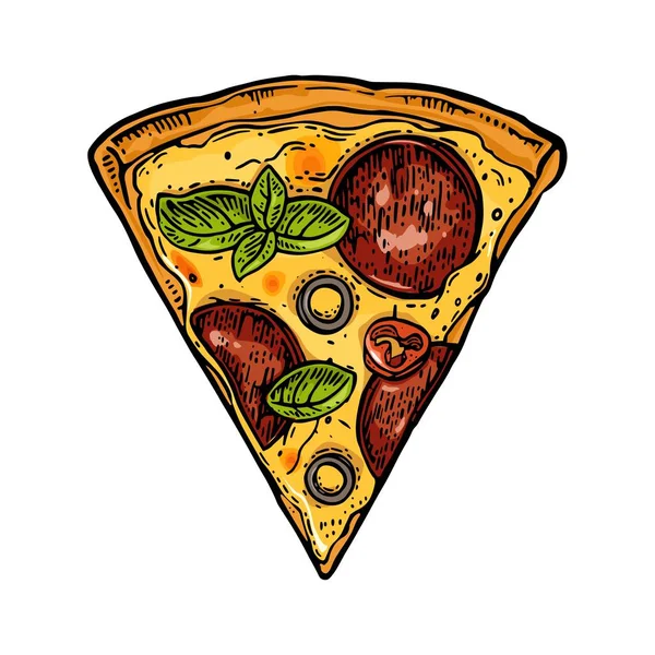 Snijd de pizza pepperoni. Vintage vector illustratie voor menu, gravure vak. — Stockvector