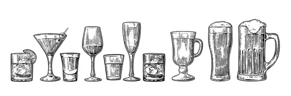 Set cerveza de vidrio, whisky, vino, tequila, coñac, champán, cócteles, grog . — Archivo Imágenes Vectoriales