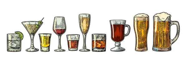 Sada skleněných pivo, whisky, víno, tequila, koňak, šampaňské, koktejly, grog. — Stockový vektor