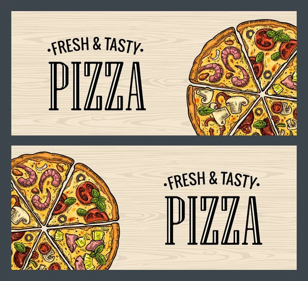 Horizontale affiche slice pizza Pepperoni, Hawaiian, Margherita, Mexicaanse, zeevruchten, Capricciosa. — Stockvector