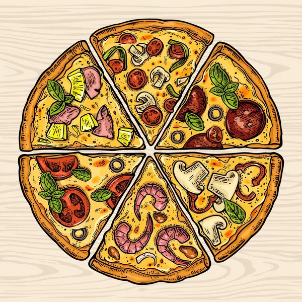 Poster persegi dengan monokrom dan potongan pizza berwarna-warni - Stok Vektor