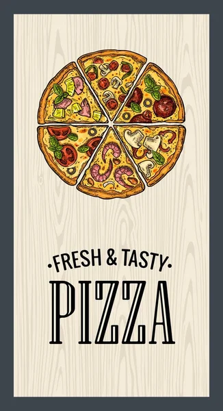 Plakat plasterek pizzy Pepperoni, hawajskie, Margherita, Meksykańska, owoce morza, Capricciosa. — Wektor stockowy