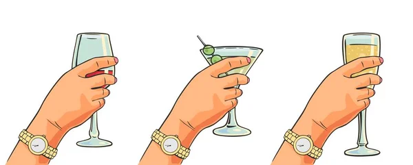 Ženská ruka drží koktejly, vína, šampaňské. — Stockový vektor