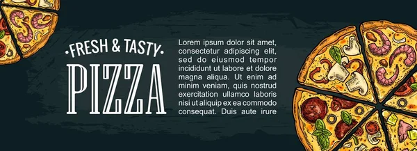 Poziome plakat plasterek pizzy Pepperoni, hawajskie, Margherita, Meksykańska, owoce morza, Capricciosa. — Wektor stockowy